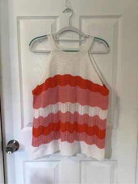 Striped Crochet Halter Top in Coral, Pink & White